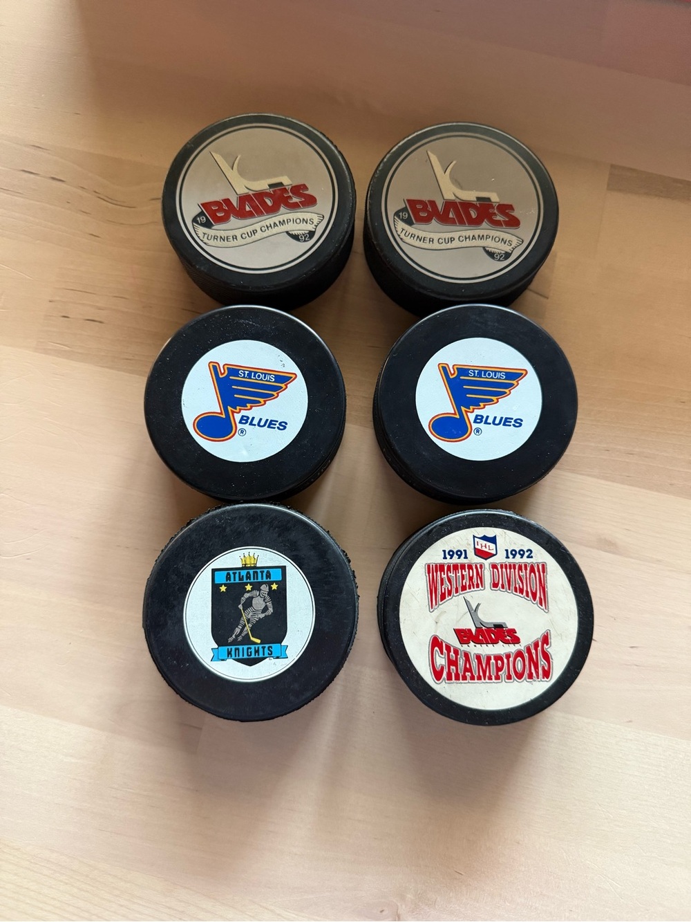 Vintage Team Hockey Pucks - Blues, Knights & Blades Logos